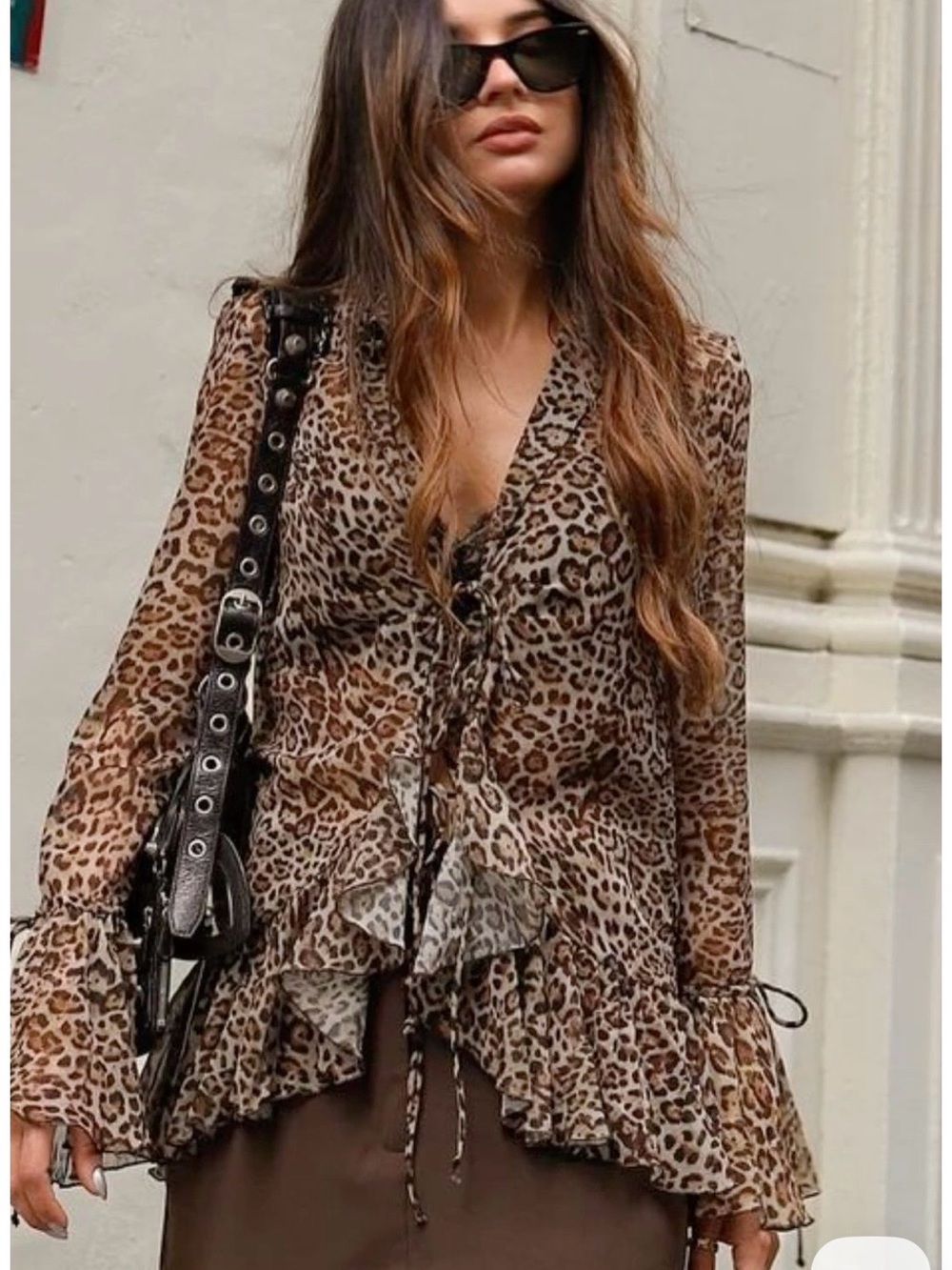 Zara Leopard Print Ruffle Tie-Front Blouse - Brown/Tan